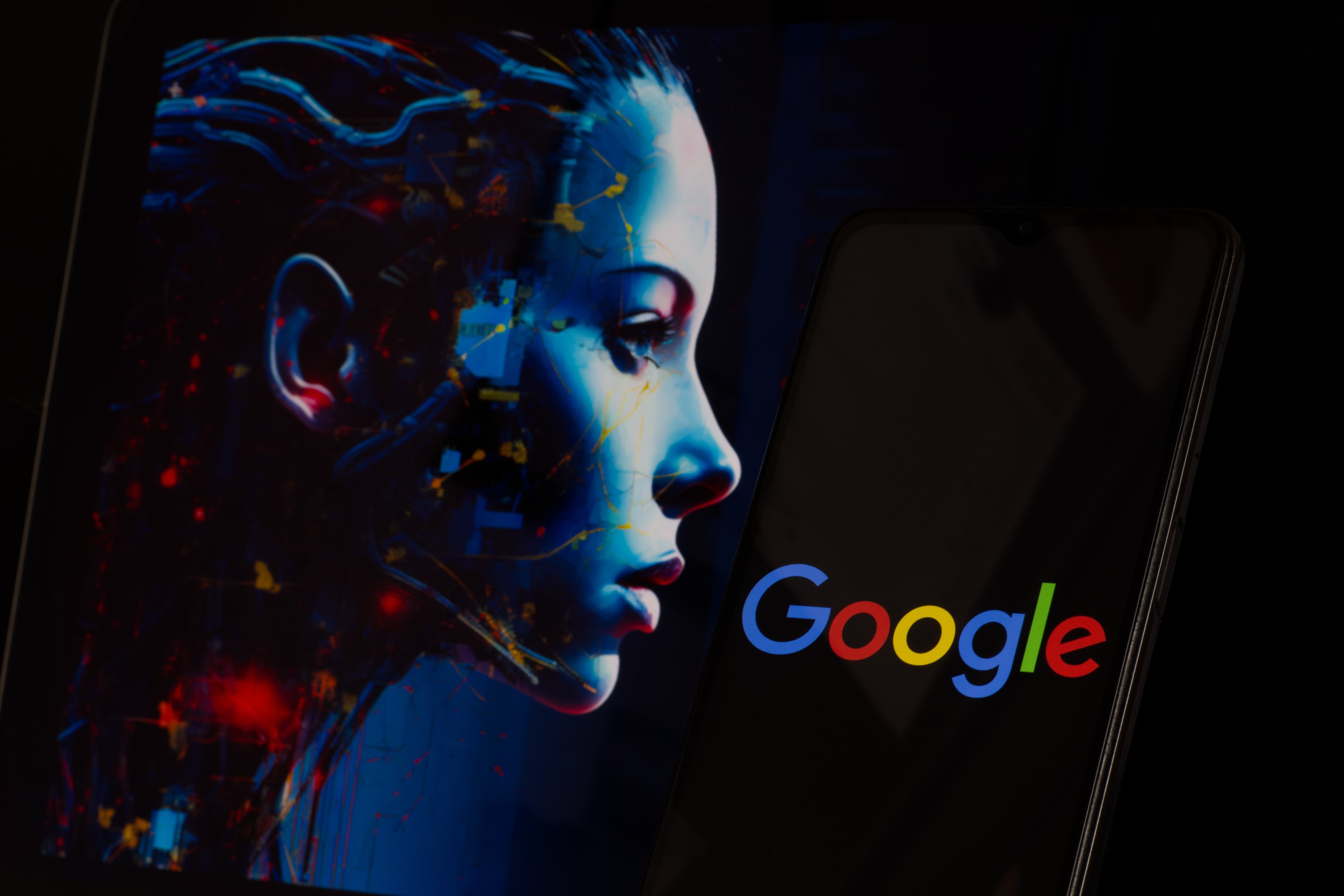 AI humanoid face next to the Google logo on a mobile phone